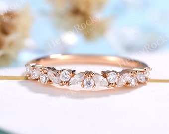 Vintage Moissanite Wedding Band Rose Gold band Art deco Marquise cut Stackable Matching band Cluster Ring Promise Anniversary Ring