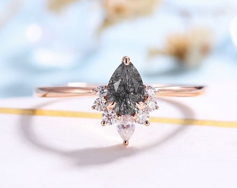 Vintage Black Rutilated Quartz Engagement Ring Rose Gold Ring Pear shaped Bridal Ring Art deco Moissanite wedding Unique Anniversary ring