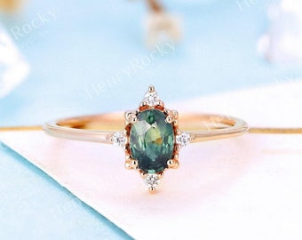 Vintage Teal Sapphire Engagement ring Rose gold Ring Art deco Moissanite / Diamond ring Oval cut Bridal ring Anniversary promise ring