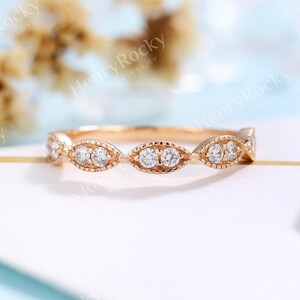 Anello nuziale in oro rosa con diamanti e moissanite, vintage, da donna, con grana fine, abbinato, anello di promessa, anello di anniversario, regalo per lei.