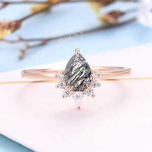 Vintage Black Rutilated Quartz Engagement ring Antique ring Moissanite/Diamond rose gold Art deco Pear cut wedding ring Anniversary ring