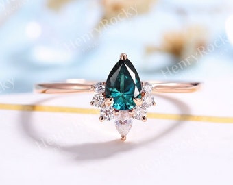 Vintage Teal sapphire Engagement Ring Rose gold Ring Pear cut Bridal ring Art deco Moissanite/Diamond wedding Ring Anniversary Promise ring