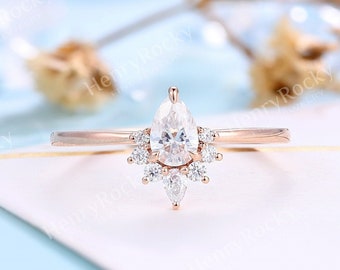 Vintage Moissanite Engagement ring | Pear cut Ring Rose gold Art deco wedding ring | Unique Dimond Bridal Ring | Anniversary Promise Ring