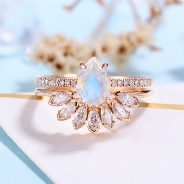 Pear shaped Moonstone Engagement Ring Rose Gold Women | Half Eternity Bridal Set | Unique Marquise Wedding Set | Anniversary Gift for her