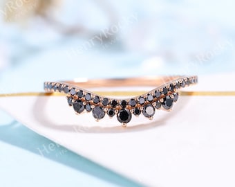 Vintage Black Diamond wedding band women ring rose gold band antique bridal ring curved stackable wedding ring Anniversary Promise ring