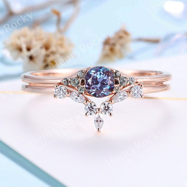 Vintage Alexandrite Engagement ring set Round cut Rose Gold ring Bridal Sapphire Art deco ring Bridal Moissanite set Anniversary ring set