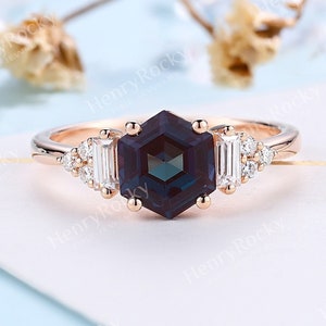Hexagon cut Alexandrite Engagement ring Antique Rose Gold Diamond ring Art deco Moissanite Prong set Art deco Bridal ring Anniversary ring