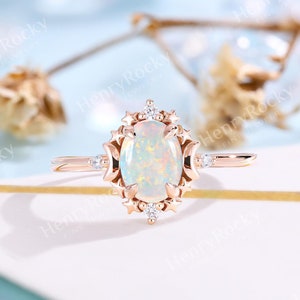 Celestial Star Engagement Ring Oval Cut White Opal Ring Rose Gold Moon Ring Vintage Round Cut Natural Diamond Ring Promise Bridal Ring