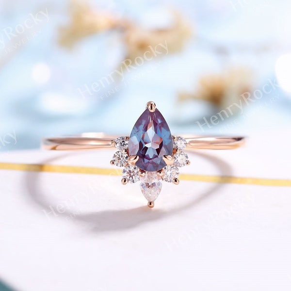 Vintage Alexandrite Engagement ring Pear cut Ring prong set ring Dimond Bridal Art deco Moissanite wedding Ring Anniversary Promise Ring