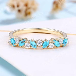 Antique Turquoise Wedding Band White Gold Women Vintage Moissanite Stacking Bridal Ring Art Deco Matching Diamond Promise Anniversary ring