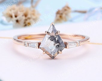 Vintage Salt and pepper diamond engagement ring rose gold Unique Kite Shaped ring Baguette moissanite diamond bridal ring Anniversary ring