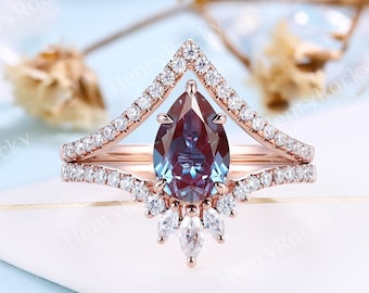 Alexandrite Engagement Ring set | Vintage Pear cut Wedding ring set Rose gold women | Diamond Art deco Bridal set | Anniversary Promise ring