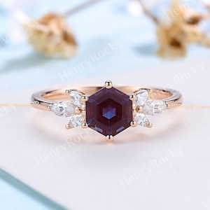 Vintage Hexagon alexandrite engagement ring moissanite wedding band women rose gold flower unique rose gold promise anniversary ring