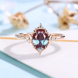 Oval alexandrite engagement ring women rose gold natural diamond ring art deco celestial moon ring handmade anniversary promise bridal ring