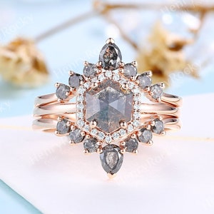 Salt and Pepper Diamond Engagement Ring Set | Rose gold wedding set women | Vintage hexagon Bridal set stacking band | Anniversary for her