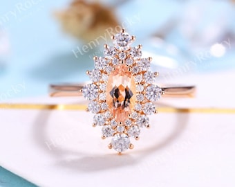 Antique Morganite engagement ring rose gold women Vintage Marquise cut wedding ring  Unique Halo Bridal ring Anniversary ring