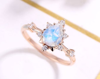 Moonstone Engagement Ring Women Rose Gold Antique Pear shaped Bridal Diamond/Moissanite Art deco Prong set Wedding ring Anniversary ring