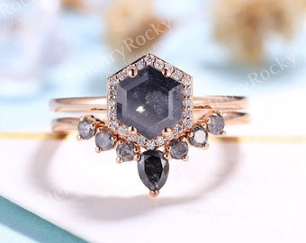 Salt and Pepper Diamond Engagement Ring set Rose gold Hexagon cut Curved wedding band Moissanite Halo Bridal set Anniversary promise ring