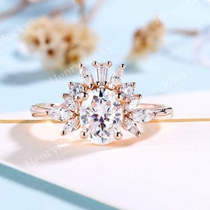 Vintage oval moissanite engagement ring rose gold moissanite cluster ring unique tapered baguette ring handmade anniversary promise ring