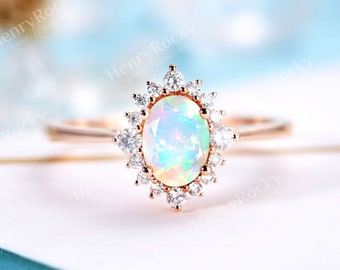 Vintage äthiopischen Opal Verlobungsring Frauen Rosegold Antike Oval Brautring Diamant / Moissanite Prong Set Ring Jahrestag Versprechen Ring