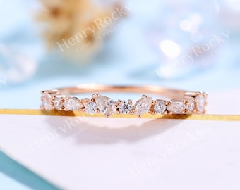 Vintage Moissanite Wedding Band Rose Gold Art deco Marquise cut Stacking Matching band Bridal band Promise Ring Anniversary Promise ring