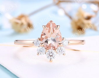 Pear shaped Morganite Engagement Ring Women Vintage Rose Gold Wedding Ring Art Deco Moissanite Bridal Diamond Ring Anniversary Promise Ring