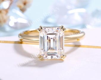 Vintage Moissanite Engagement Ring Yellow gold Women | Unique Emerald cut wedding ring | Bridal jewelry | Promise Anniversary gift for her
