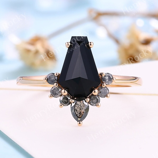 Vintage Black Onyx engagement ring Coffin shaped wedding ring Rose gold ring Bridal Salt and pepper diamond ring Anniversary Promise ring