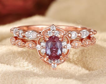 Alexandrite Engagement Ring Set - Diamond Bridal Set, Rose Gold Wedding Ring by HENRYROCKY
