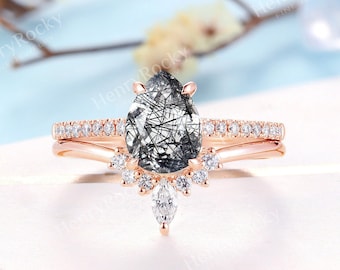Black Rutilated Quartz Engagement ring set Vintage Rose Gold Pear cut Diamond/Moissanite Half Eternity ring Curved Wedding band Promise ring