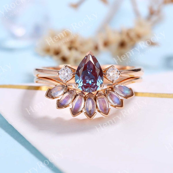 Alexandrite Engagement Ring Rose Gold Women | Antique Pear cut Bridal Set | Unique Marquise Moonstone Wedding Set|Anniversary Gift for her