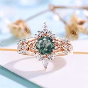 Vintage moss agate engagement ring set rose gold marquise moissanite women ring antique milgrain rings enhancer band anniversary bridal set