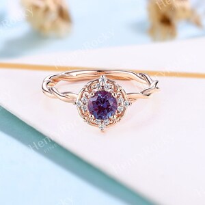 Vintage round alexandrite engagement ring women rose gold twisted ring art deco halo diamond ring unique handmade anniversary promise ring