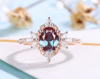 Oval lab alexandrite engagement ring rose gold marquise moissanite ring unique natural diamond ring women anniversary promise bridal ring