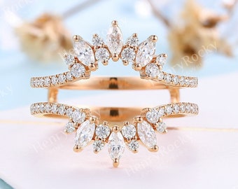 Vintage Moissanite Ring Enhancer Art deco Rose gold Diamond wedding band Marquise cut Half Eternity wedding ring Promise anniversary band