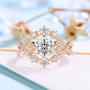 Heart Design Engagement Ring Vintage Round Cut Moissanite Ring Rose Gold Twist Bridal Ring Unique Pave Wedding Ring Anniversary Ring