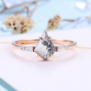 Vintage Salt and pepper diamond engagement ring rose gold Unique Kite shape Bridal ring Baguette diamond bridal ring Anniversary ring