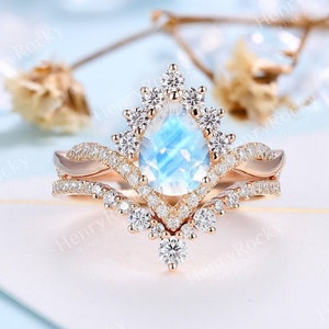 Vintage pear cut moonstone engagement ring set moissanite diamond twisted wedding band ring rose gold art deco promise anniversary ring set
