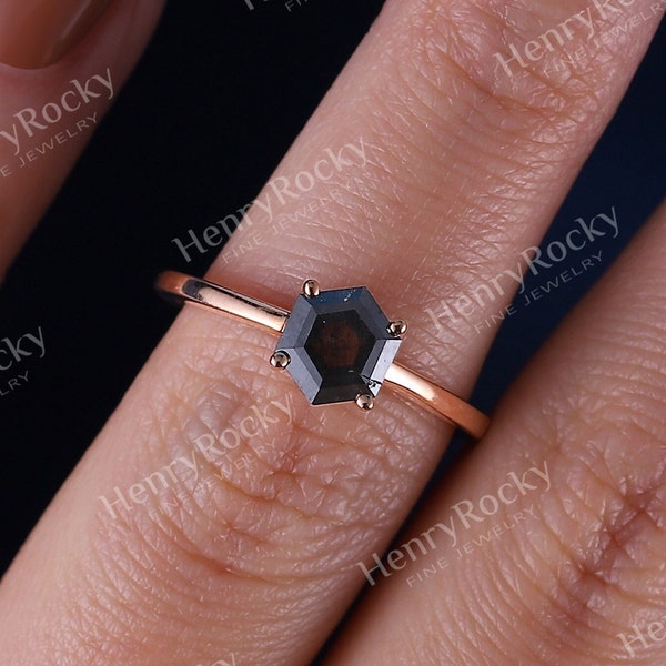 Ready To Ship Salt and Pepper Diamond Engagement Ring Vintage Hexagon Ring 14K Rose Gold Ring 6US-8US Unique Solitaire Ring Bridal Ring