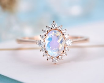 Moonstone Engagement Ring Women Rose Gold | Antique Oval cut Bridal Jewelry | Diamond Prong set Ring | Unique Anniversary Gift for Her