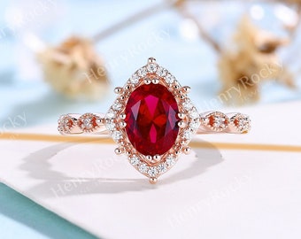 Anillo de compromiso de rubí de laboratorio de forma ovalada vintage anillo milgrain antiguo anillo de oro rosa anillo de moissanita de corte redondo único anillo de promesa de aniversario