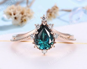 Vintage Teal Sapphire Engagement Ring Pear Cut Rose Gold Ring Milgrain Art deco Moissanite Diamond wedding Ring Anniversary Promise Ring