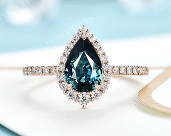 Vintage Teal Sapphire Engagement Ring Art Deco Rose Gold Bridal ring Pear shaped Moissanite/Diamond ring Half eternity ring Anniversary ring