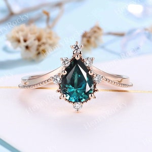 Vintage Teal Sapphire Engagement Ring Pear Cut Rose Gold Ring Milgrain Art deco Moissanite Diamond wedding Ring Anniversary Promise Ring