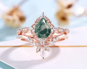 Pear shaped moss agate engagement ring set women rose gold moissanite ring marquise moissanite curved band anniversary promise bridal set