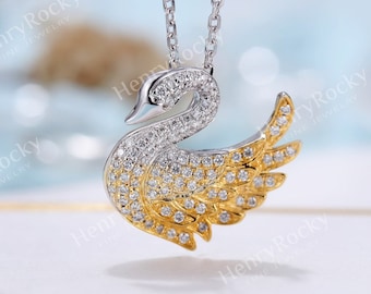 Diamond Pendant necklace women | Charm micro pave Swan Necklace | Unique Jewelry | Solid yellow gold necklace | Anniversary gift for her