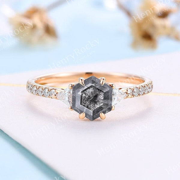 Vintage Salt and pepper diamond Engagement Ring Hexagon cut Rose Gold Ring Art Deco Half Eternity Moissanite/Diamond Ring Anniversary Ring