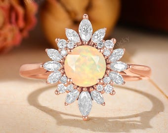 Ethiopian White Opal Ring - Halo Engagement Ring, Moissanite Floral Ring by HENRYROCKY