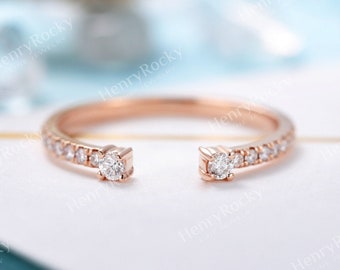 Vintage Moissanite rose gold wedding band women Antique half eternity stacking matching bridal art deco ring unique anniversary promise ring