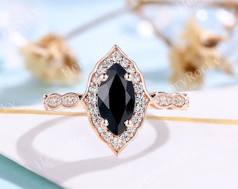 Vintage black onyx engagement ring marquise rose gold natural diamond ring antique halo moissanite ring handmade anniversary promise ring